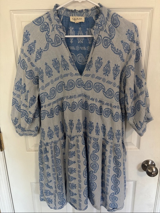 NEjMA Dresses & Skirts - NEjMA Blue Paisley V-Neck 100% cotton Mini Dress